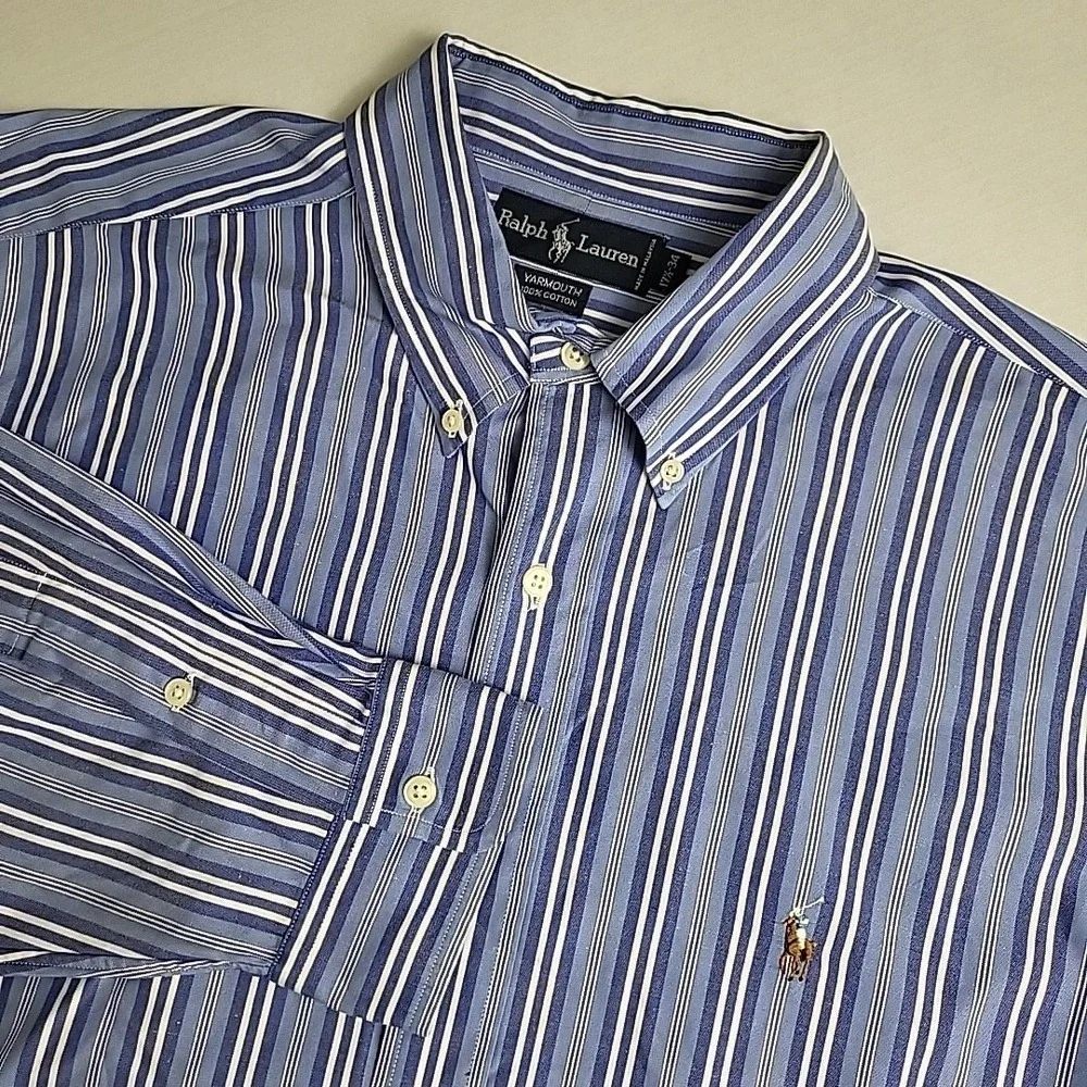 Polo Ralph Lauren Yarmouth Mens 17 1/2  34 Button Down Blue Stripes‎ Flesh Pony